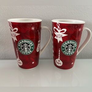 Set of 2 Starbucks 2009 Holiday Christmas Ornament Red Ceramic Coffee Mug